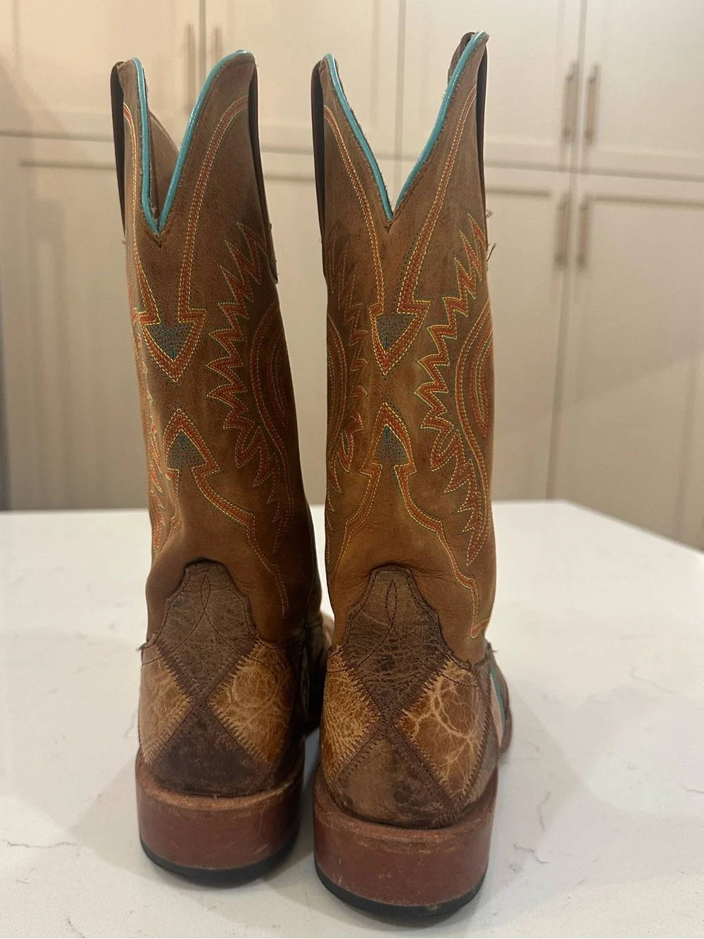 Anderson Bean Patchwork Brown Leather Cowboy Boots w Turquoise Stitching- boys 4